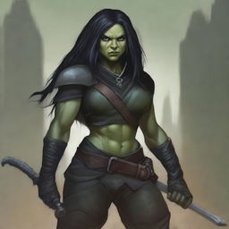 A standing female olive green-skinned half-orc rogue with long black hair, wearing black leather armor, and holding a rapier