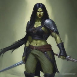 A standing female olive green-skinned half-orc rogue with long black hair, wearing black leather armor, and holding a rapier