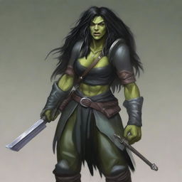 A standing female olive green-skinned half-orc rogue with long black hair, wearing black leather armor, and holding a rapier