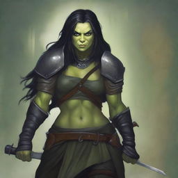 A standing female olive green-skinned half-orc rogue with long black hair, wearing black leather armor, and holding a rapier