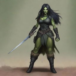 A standing female olive green-skinned half-orc rogue with long black hair, wearing black leather armor, and holding a rapier