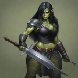 A standing female olive green-skinned half-orc rogue with long black hair, wearing black leather armor, and holding a rapier