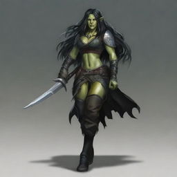 A standing female olive green-skinned half-orc rogue with long black hair, wearing black leather armor, and holding a rapier