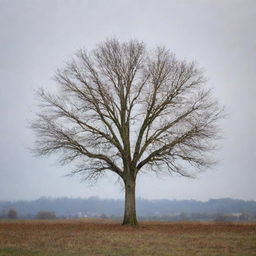 A single, leafless tree centrally placed in an expansive autumnal grassland. The bare branches of the tree, standing alone yet resilient, symbolizes hope amidst the fall season.