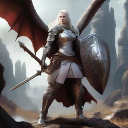 A standing female white-scaled dragonborne warrior, wearing chain mail armor, and holding a longsword and a shield