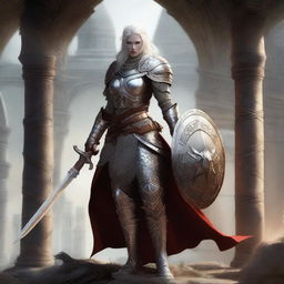 A standing female white-scaled dragonborne warrior, wearing chain mail armor, and holding a longsword and a shield