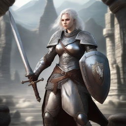 A standing female white-scaled dragonborne warrior, wearing chain mail armor, and holding a longsword and a shield