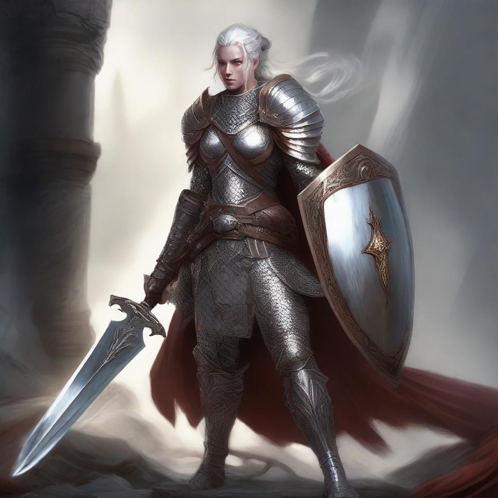 A standing female white-scaled dragonborne warrior, wearing chain mail armor, and holding a longsword and a shield