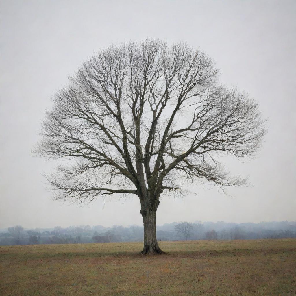 A single, leafless tree centrally placed in an expansive autumnal grassland. The bare branches of the tree, standing alone yet resilient, symbolizes hope amidst the fall season.