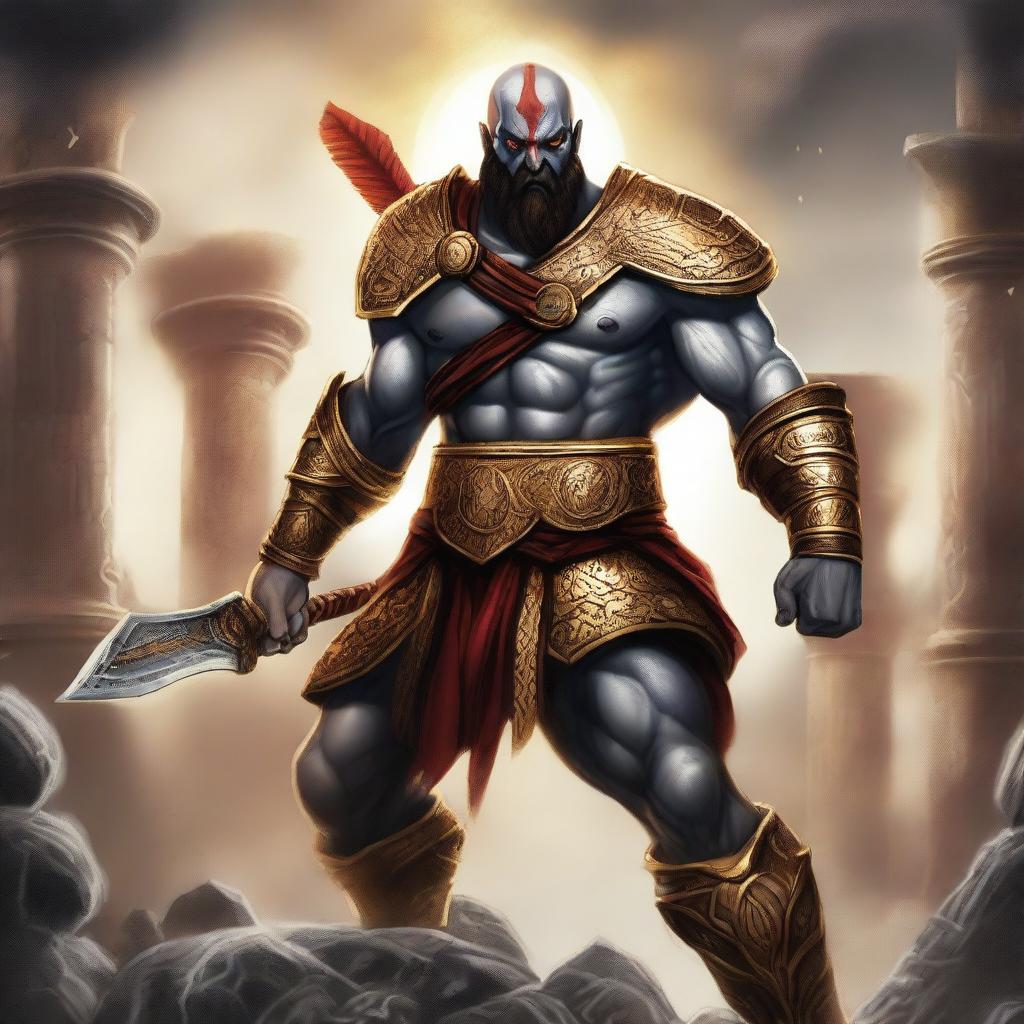 A detailed illustration of Kratos, the God of War, adorned in golden armor with diamond accents