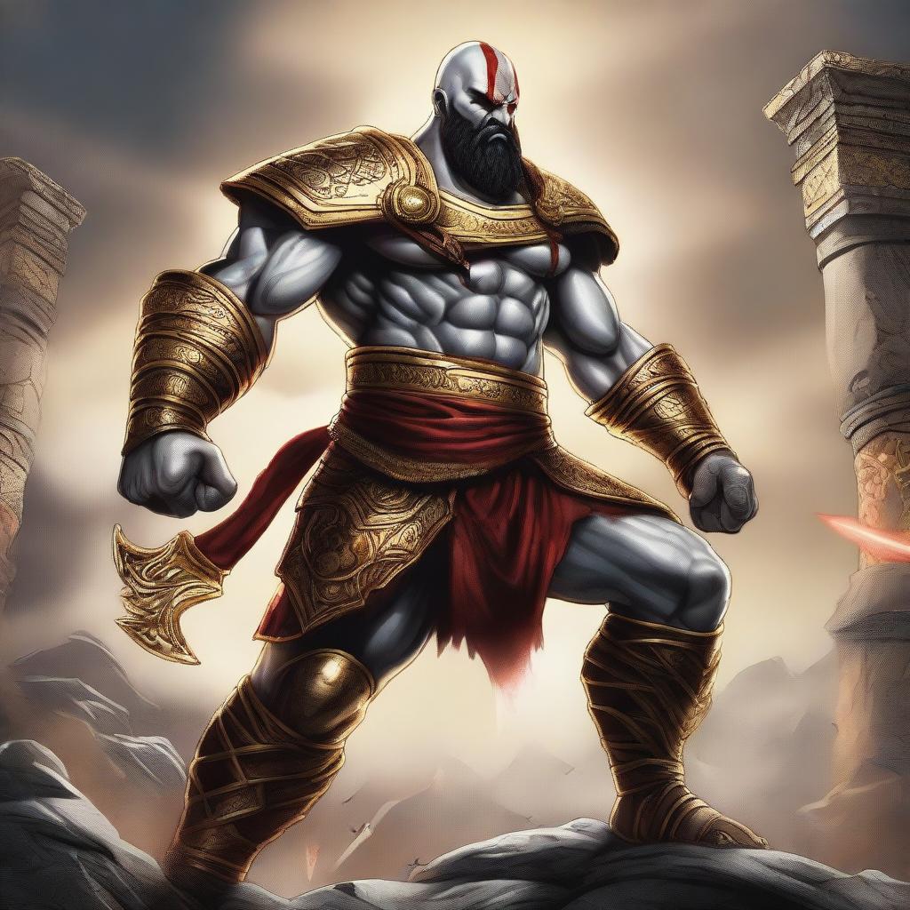 A detailed illustration of Kratos, the God of War, adorned in golden armor with diamond accents