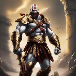 A detailed illustration of Kratos, the God of War, adorned in golden armor with diamond accents