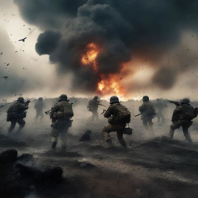 A dramatic and intense battlefield scene with soldiers fighting, explosions in the background, and a dark, smoky sky