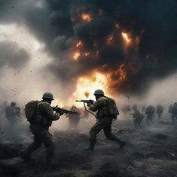 A dramatic and intense battlefield scene with soldiers fighting, explosions in the background, and a dark, smoky sky