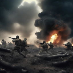 A dramatic and intense battlefield scene with soldiers fighting, explosions in the background, and a dark, smoky sky