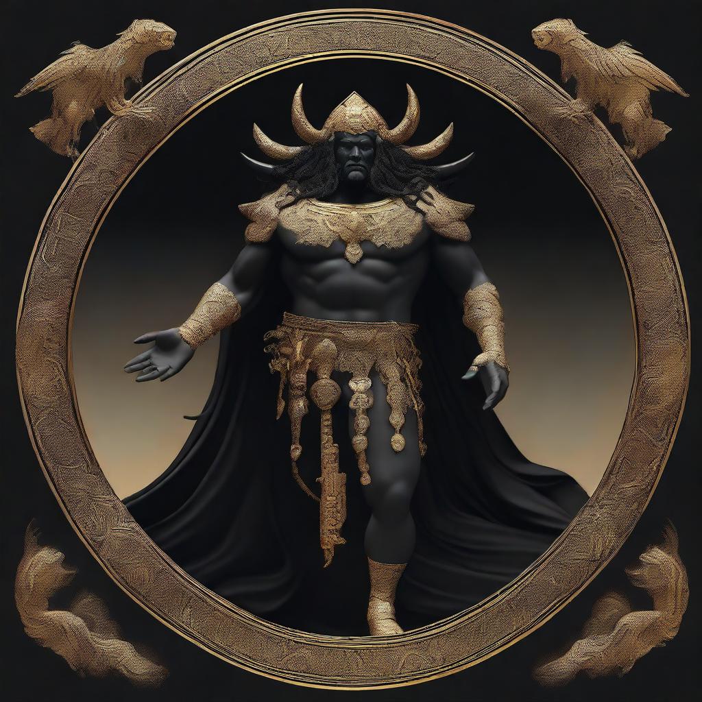 Create an image of Erebus, the primordial deity of darkness, depicted in golden and black hues