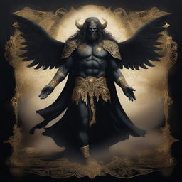 Create an image of Erebus, the primordial deity of darkness, depicted in golden and black hues