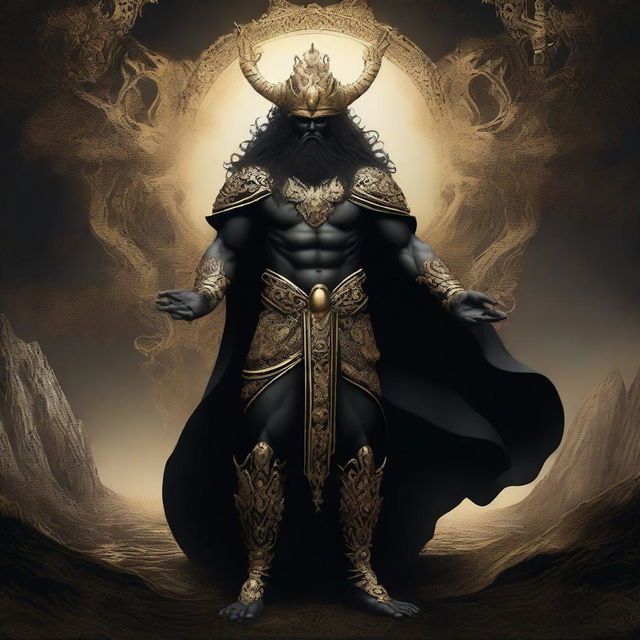 Create an image of Erebus, the primordial deity of darkness, depicted in golden and black hues