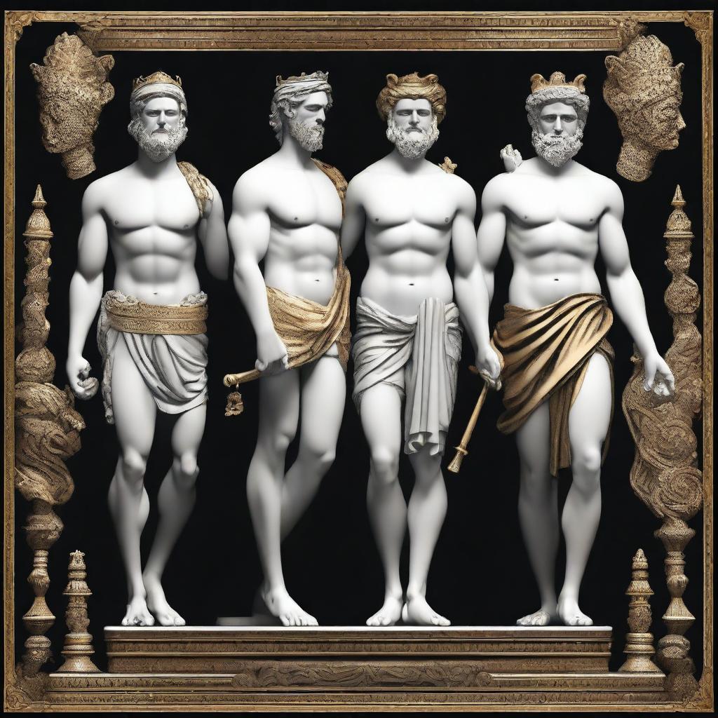 A depiction of Greek gods with a black background and golden accents