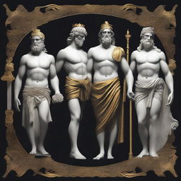 A depiction of Greek gods with a black background and golden accents