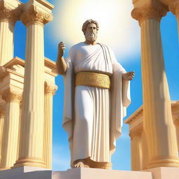 A depiction of a Greek god dressed in white and gold robes, standing majestically with a radiant aura