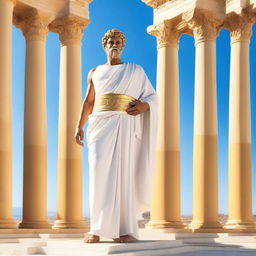 A depiction of a Greek god dressed in white and gold robes, standing majestically with a radiant aura