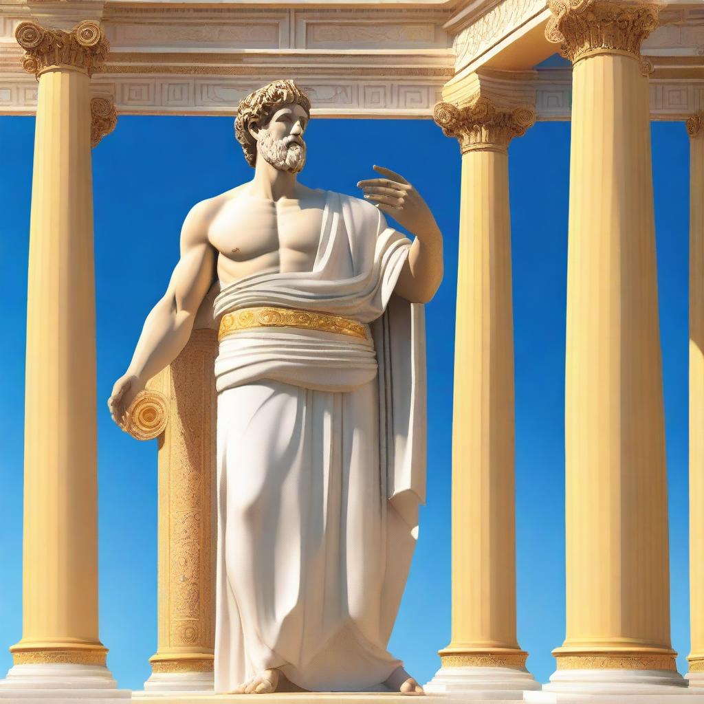 A depiction of a Greek god dressed in white and gold robes, standing majestically with a radiant aura