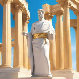 A depiction of a Greek god dressed in white and gold robes, standing majestically with a radiant aura