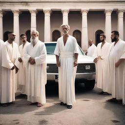 A Greek god dressed in white robes, standing confidently with a gang of followers around him