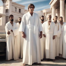 A Greek god dressed in white robes, standing confidently with a gang of followers around him