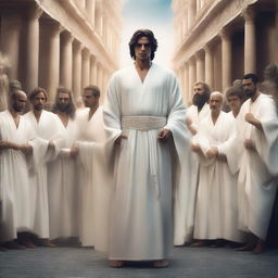 A Greek god dressed in white robes, standing confidently with a gang of followers around him