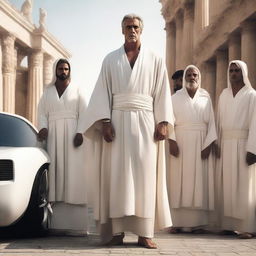 A Greek god dressed in white robes, standing confidently with a gang of followers around him