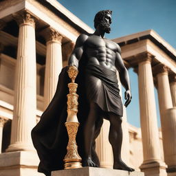 A majestic Greek god in a black toga, standing tall with a golden statue in the background