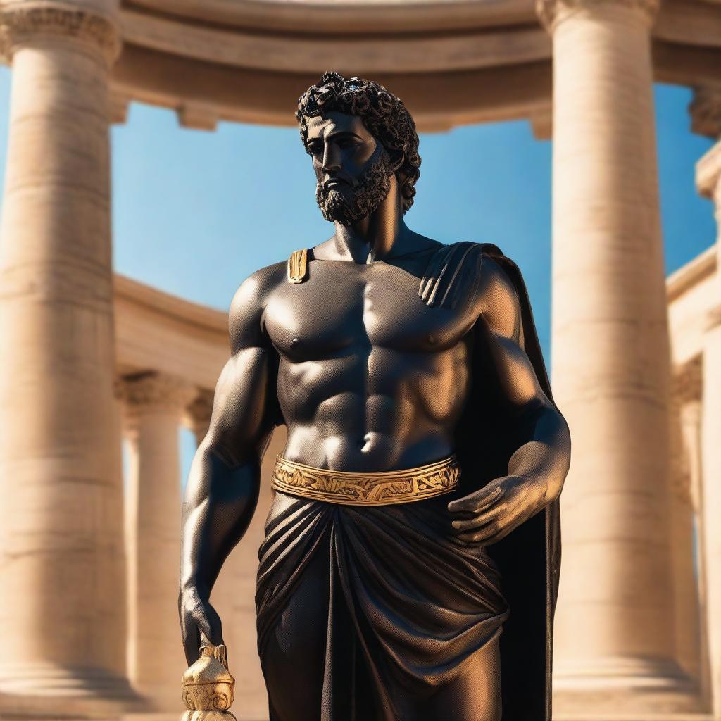 A majestic Greek god in a black toga, standing tall with a golden statue in the background