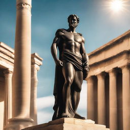 A majestic Greek god in a black toga, standing tall with a golden statue in the background