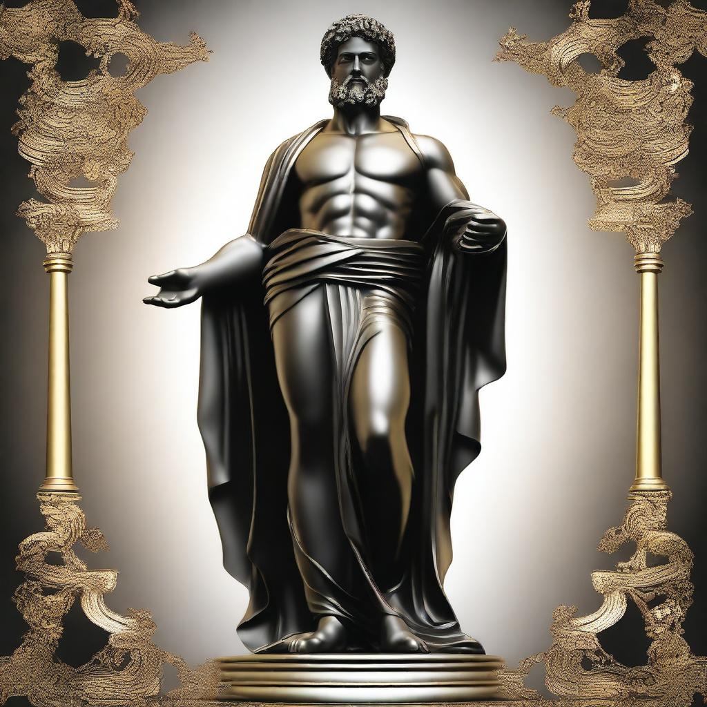 A majestic statue of a Greek god, rendered in black and gold colors