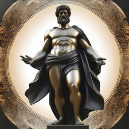 A majestic statue of a Greek god, rendered in black and gold colors