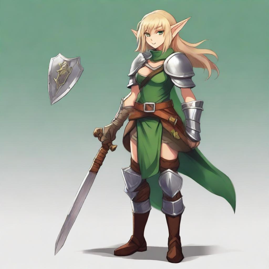 A chimera with ash blonde hair, green eyes, bob haircut, small eyes, warrior class, an artist seeking inspiration, wearing elf clothing, an adventurer, wearing a breastplate armor, a simple dress with a belt and boots, holding a Renaissance axe in her right hand