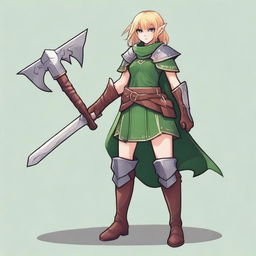 A chimera with ash blonde hair, green eyes, bob haircut, small eyes, warrior class, an artist seeking inspiration, wearing elf clothing, an adventurer, wearing a breastplate armor, a simple dress with a belt and boots, holding a Renaissance axe in her right hand