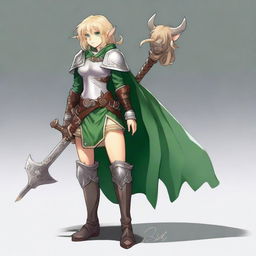 A chimera with ash blonde hair, green eyes, bob haircut, small eyes, warrior class, an artist seeking inspiration, wearing elf clothing, an adventurer, wearing a breastplate armor, a simple dress with a belt and boots, holding a Renaissance axe in her right hand