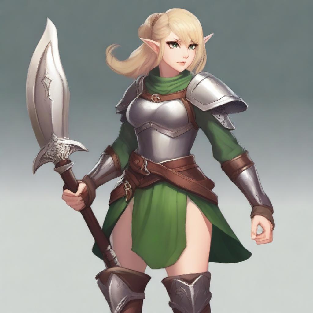 A chimera with ash blonde hair, green eyes, bob haircut, small eyes, warrior class, an artist seeking inspiration, wearing elf clothing, an adventurer, wearing a breastplate armor, a simple dress with a belt and boots, holding a Renaissance axe in her right hand