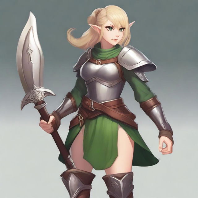 A chimera with ash blonde hair, green eyes, bob haircut, small eyes, warrior class, an artist seeking inspiration, wearing elf clothing, an adventurer, wearing a breastplate armor, a simple dress with a belt and boots, holding a Renaissance axe in her right hand