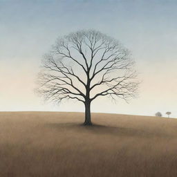 A Ghibli-style illustration of a solitary, leafless tree standing in the center of a vast grassland during fall. Its stark bareness symbolizes hope in the heart of the autumnal expanse.