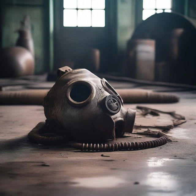 A gas mask lying on the floor of an old industrial warehouse with machinery, boilers, and ancient gears