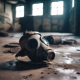 A gas mask lying on the floor of an old industrial warehouse with machinery, boilers, and ancient gears