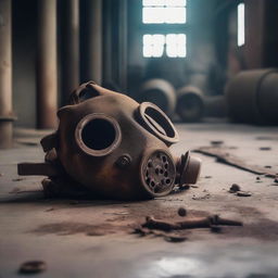 A gas mask lying on the floor of an old industrial warehouse with machinery, boilers, and ancient gears