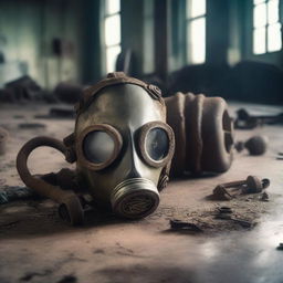 A gas mask lying on the floor of an old industrial warehouse with machinery, boilers, and ancient gears