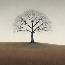 A Ghibli-style illustration of a solitary, leafless tree standing in the center of a vast grassland during fall. Its stark bareness symbolizes hope in the heart of the autumnal expanse.