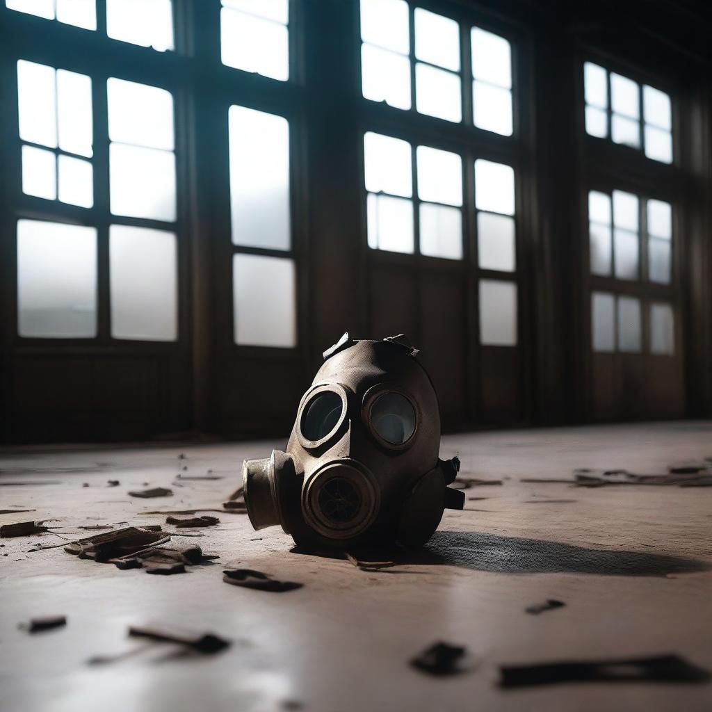 A gas mask on the floor of an old industrial warehouse with machinery, boilers, and antique gears