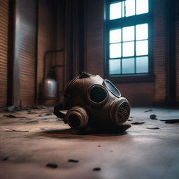 A gas mask on the floor of an old industrial warehouse with machinery, boilers, and antique gears